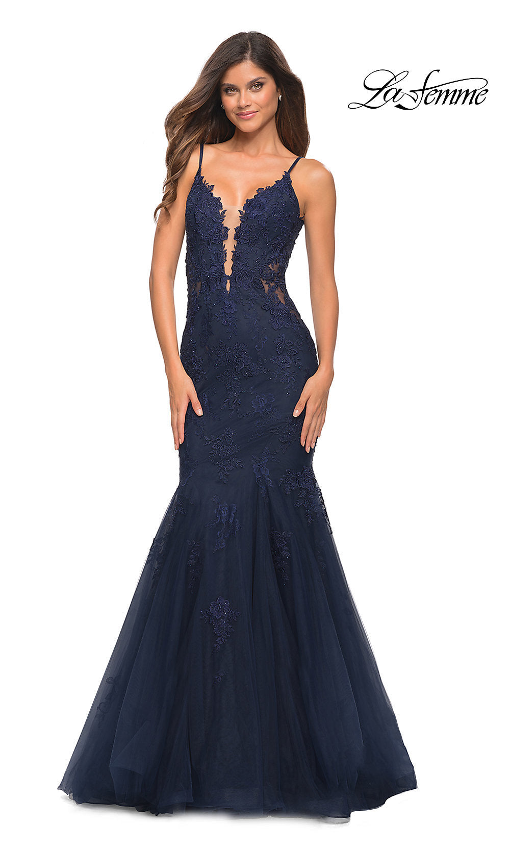 Navy La Femme Lace Bodice Long Mermaid Prom Dress