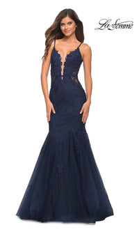 Navy La Femme Lace Bodice Long Mermaid Prom Dress