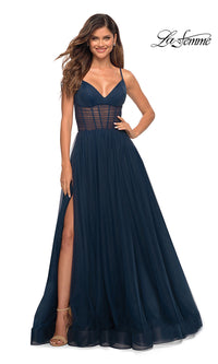 Navy Sheer-Waist Long A-Line Prom Dress by La Femme