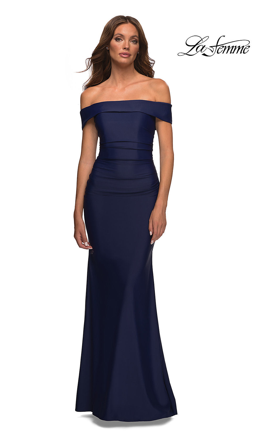 Navy Off-the-Shoulder Tight Long Prom Dress by La Femme