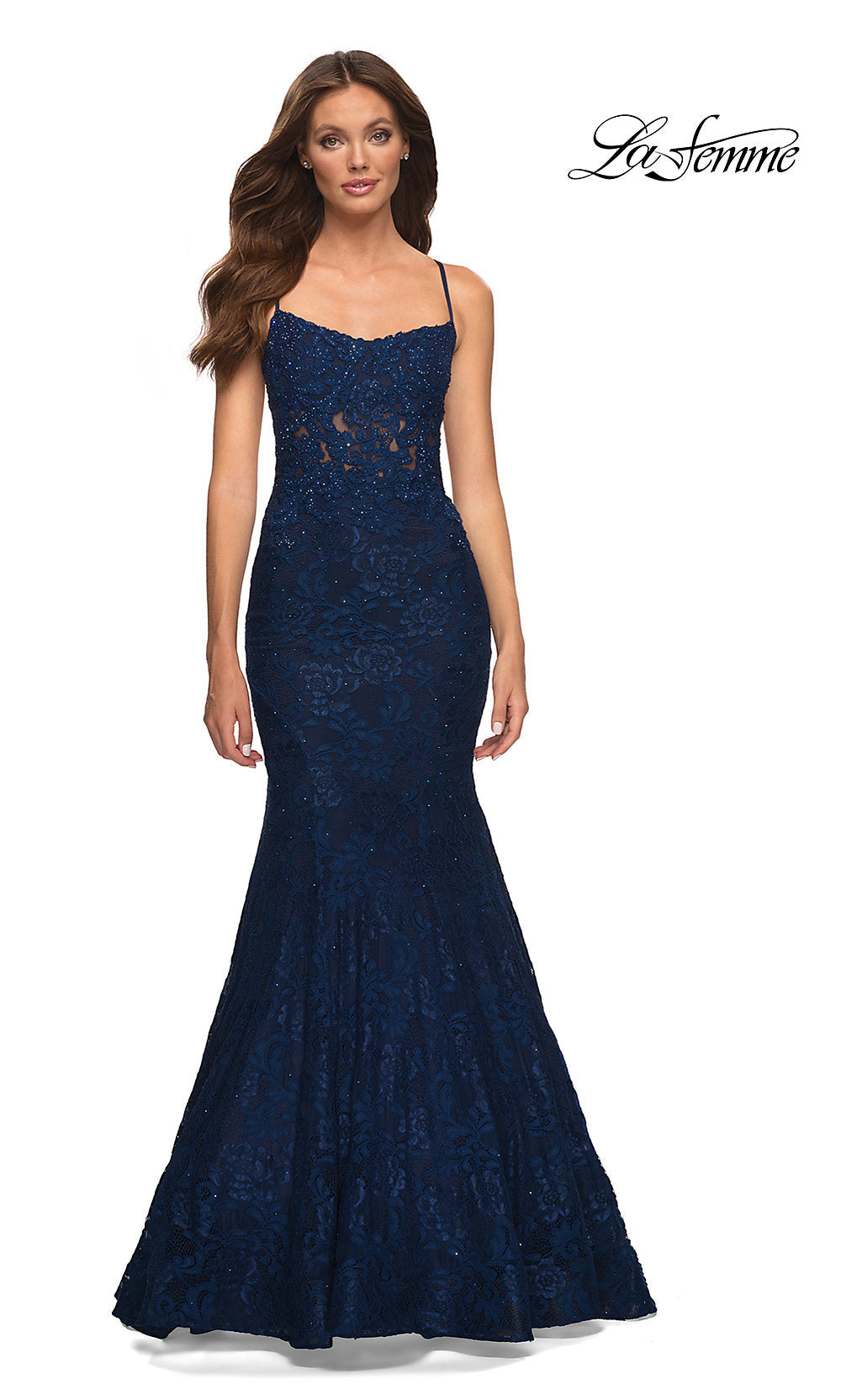 Navy La Femme Sheer-Bodice Long Lace Mermaid Prom Dress