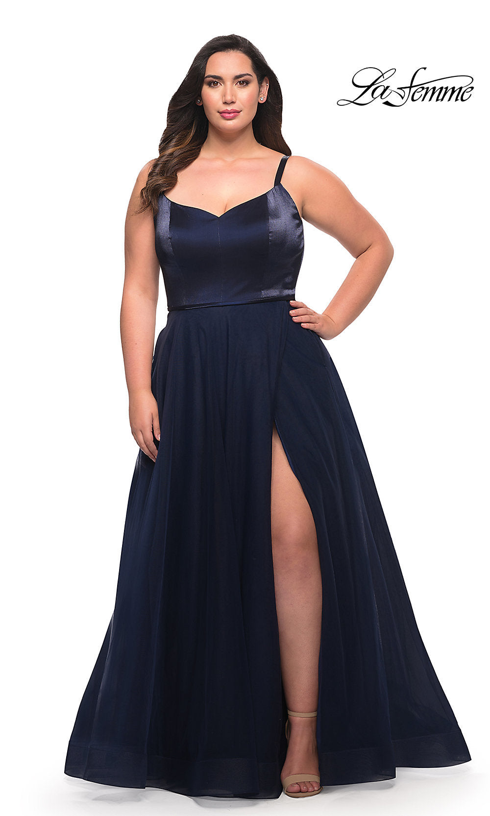 La Femme Women's Tulle Skirt and Satin Top Long Gown in Navy La Femme Women's Tulle Skirt and Satin Top Long Gown in Navy