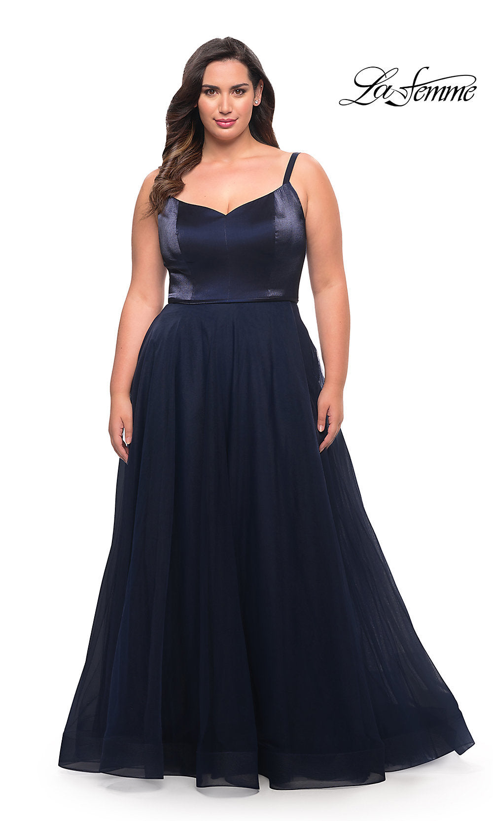 navy blue plus size evening dress La Femme A-Line Plus-Size Long Prom Dress