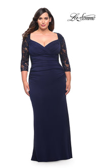 La Femme Long Formal Plus-Size Dress with Lace Sleeves