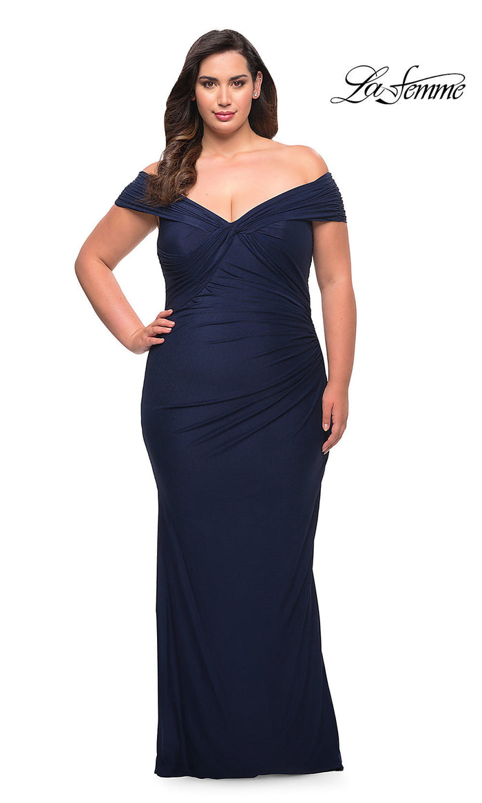 Navy Off-Shoulder La Femme Plus-Size Long Prom Dress