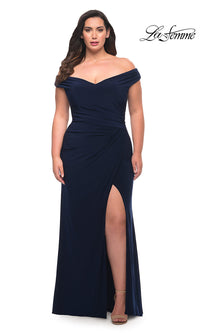 Navy La Femme Long Plus-Size Off-Shoulder Prom Dress
