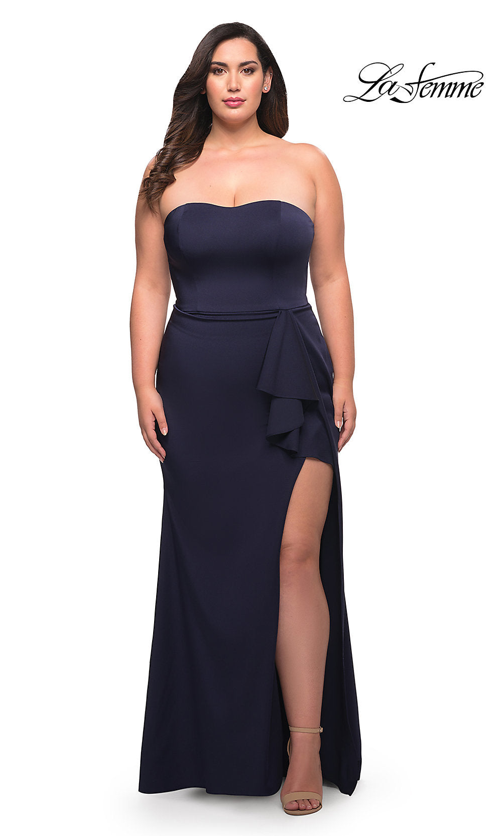 Navy La Femme Long Strapless Plus-Size Formal Gown