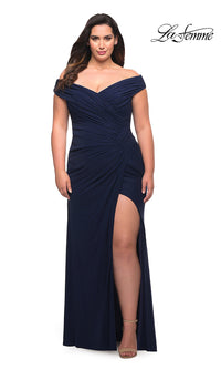 Navy La Femme Off-the-Shoulder Long Plus-Size Gown