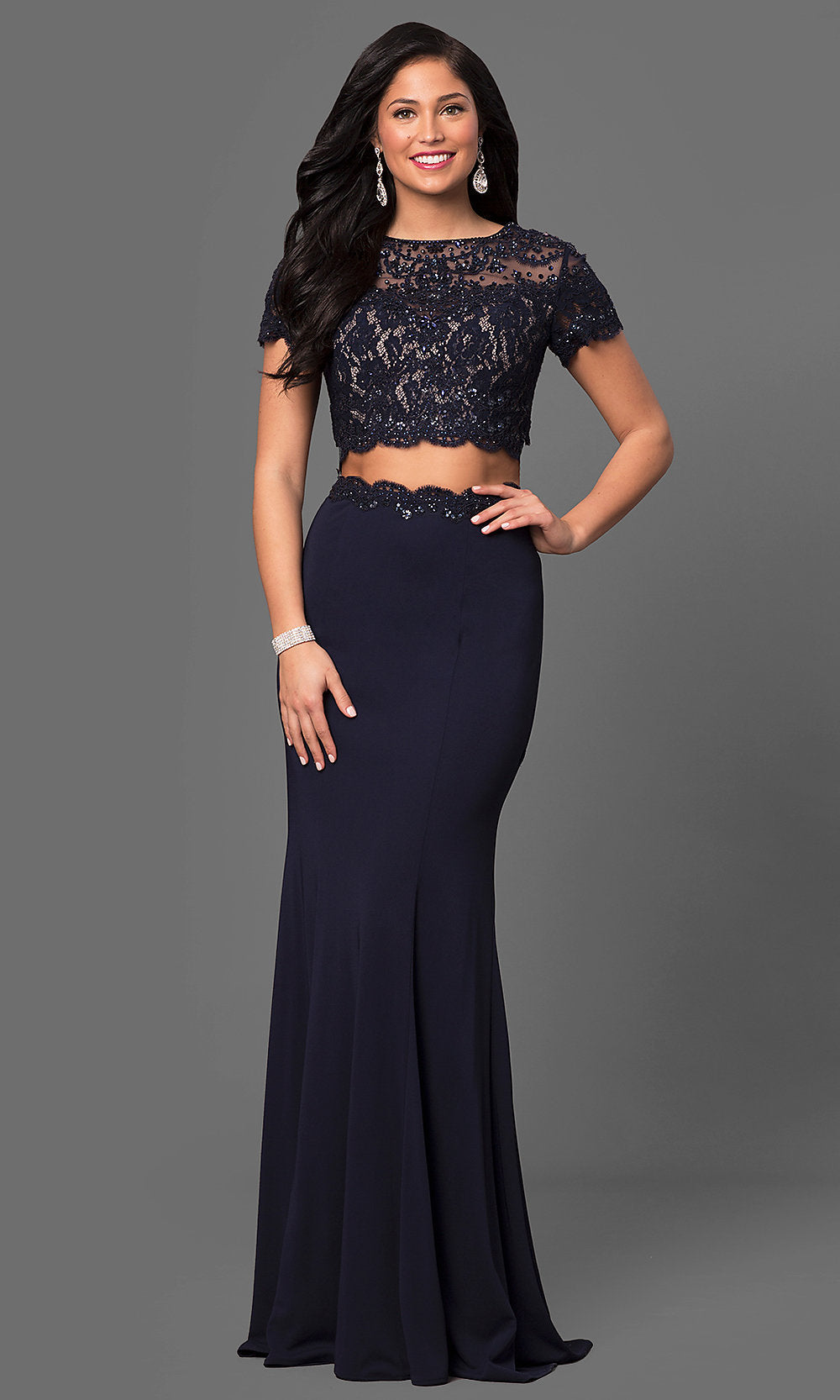 Navy Two-Piece Prom Dress with Short-Sleeve Crop Top