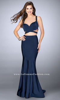 Navy Long Open Back Two Piece Prom Dress with Cut Outs