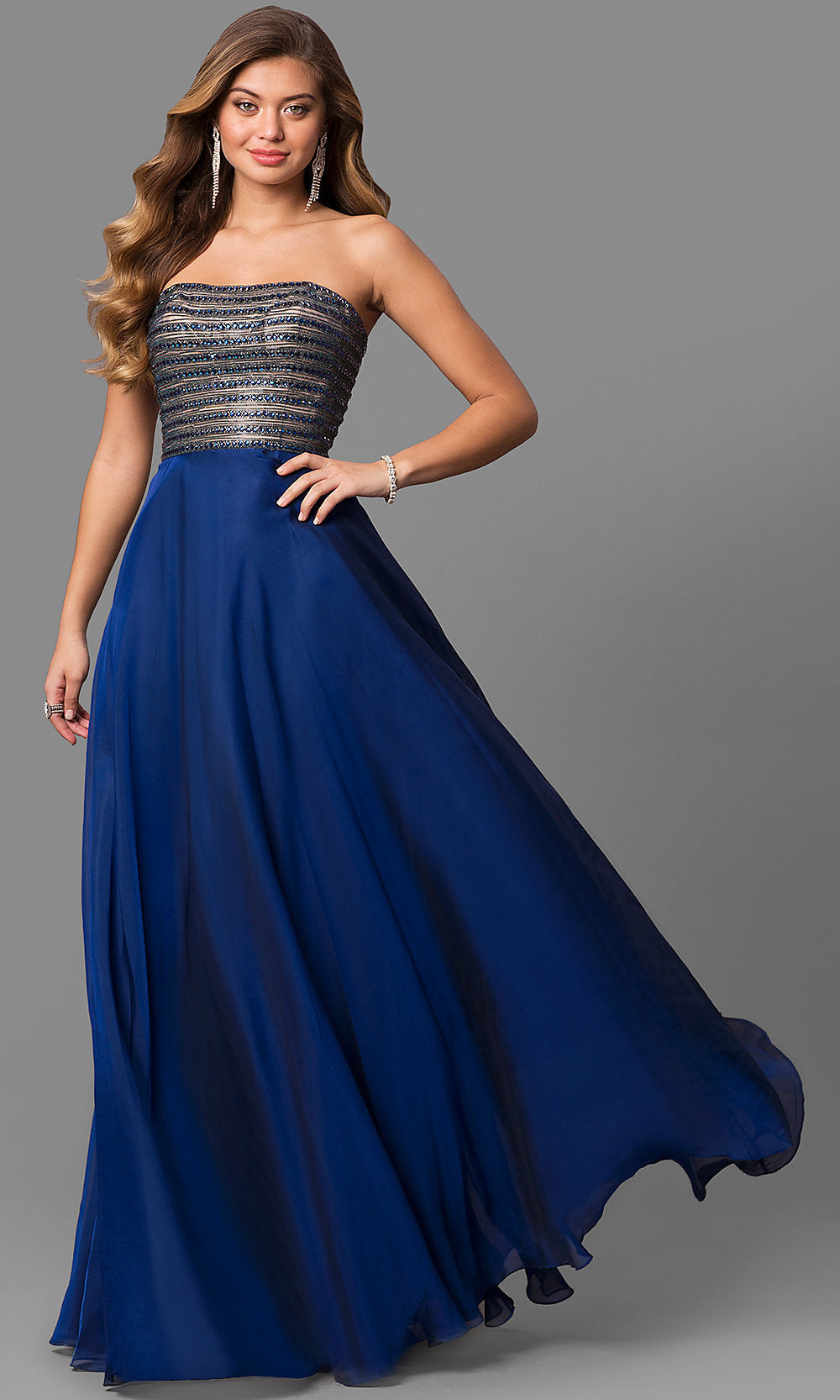 Navy La Femme Long Strapless Prom Dress