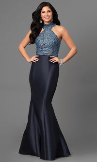 Navy Open Back Navy Blue Mermaid Style Prom Dress