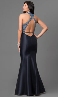  Open Back Navy Blue Mermaid Style Prom Dress