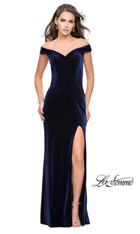 Navy Off-the-Shoulder Long Velvet Prom Dress by La Femme