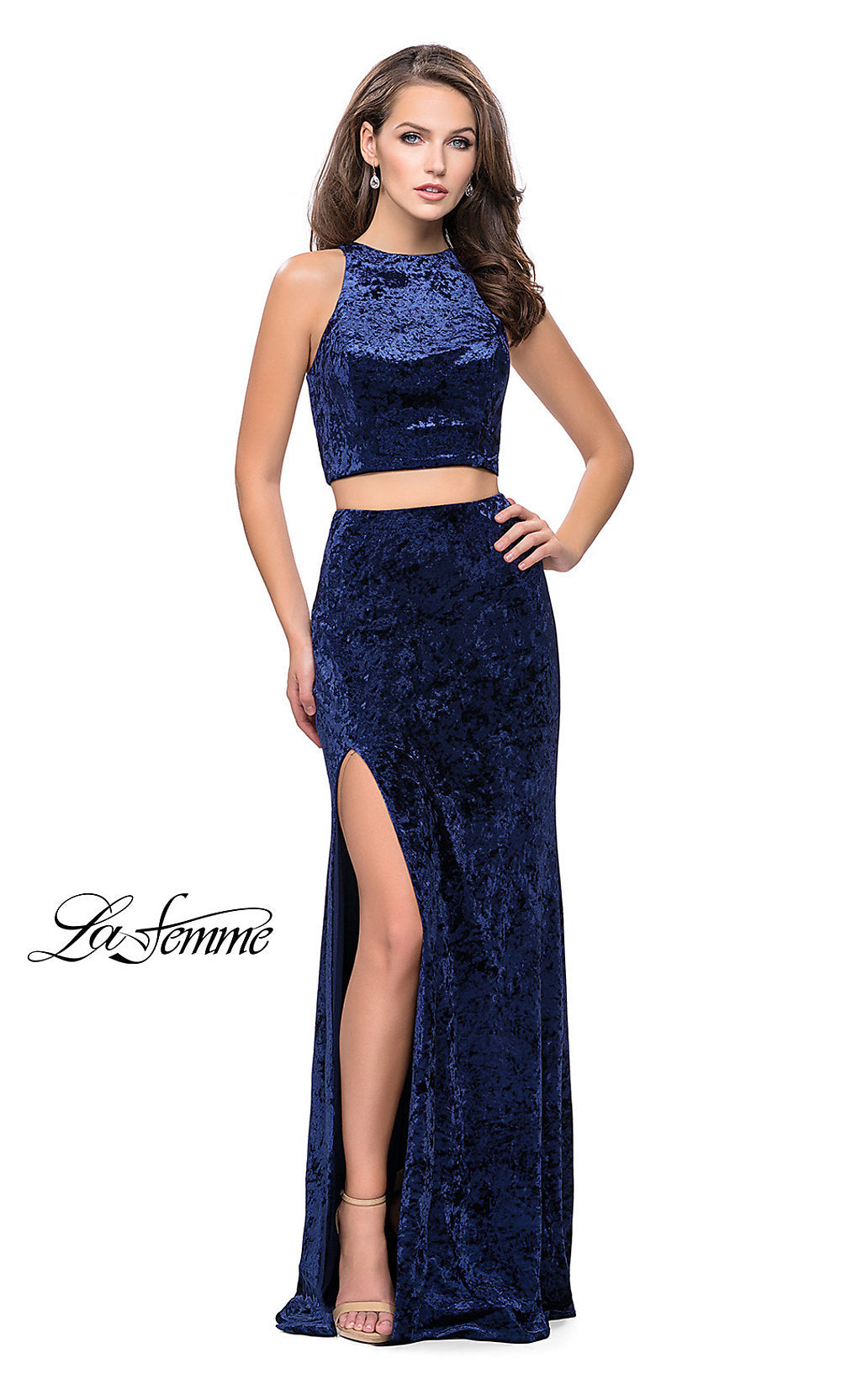 Long Two-Piece Velvet La Femme Prom Dress Navy / 4 Long Two-Piece Velvet La Femme Prom Dress Navy / 4