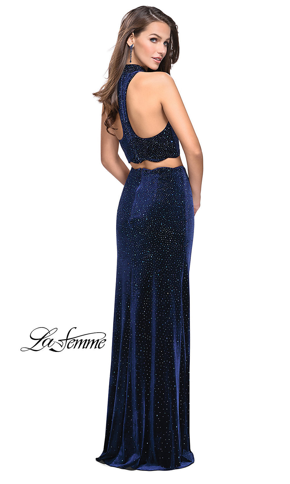 Navy High-Neck Two-Piece Velvet La Femme Prom Dress
