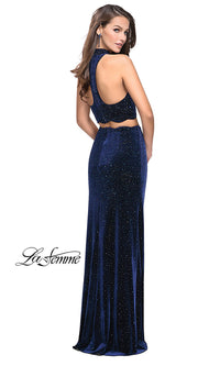 Navy High-Neck Two-Piece Velvet La Femme Prom Dress