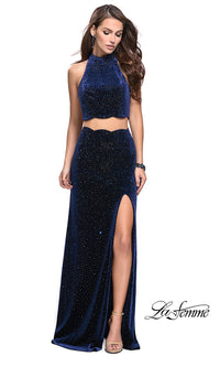  High-Neck Two-Piece Velvet La Femme Prom Dress