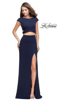 Navy Two-Piece Scoop Neck Long La Femme Prom Dress
