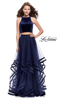 Navy Long Two-Piece La Femme Prom Dress with Open Back