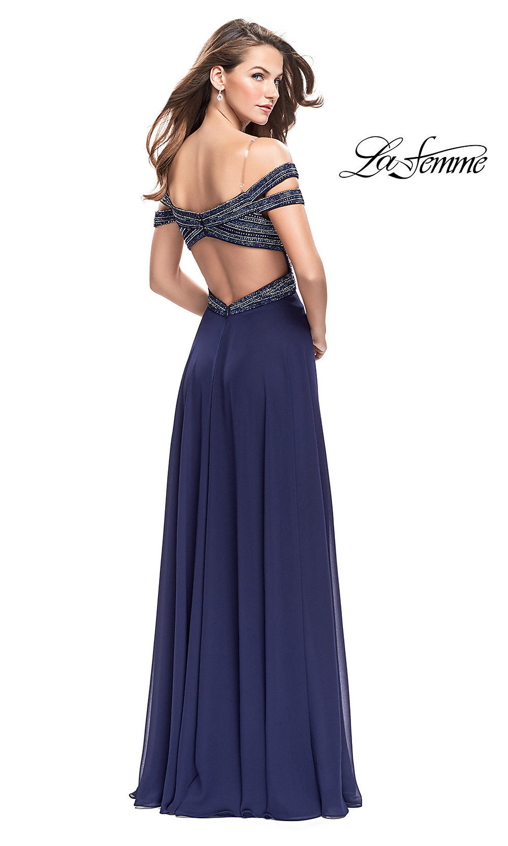  Off-the-Shoulder Open-Back Long La Femme Prom Dress