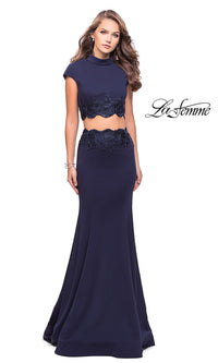 Navy Mock-Neck Two-Piece Prom Dress with Cap Sleeves
