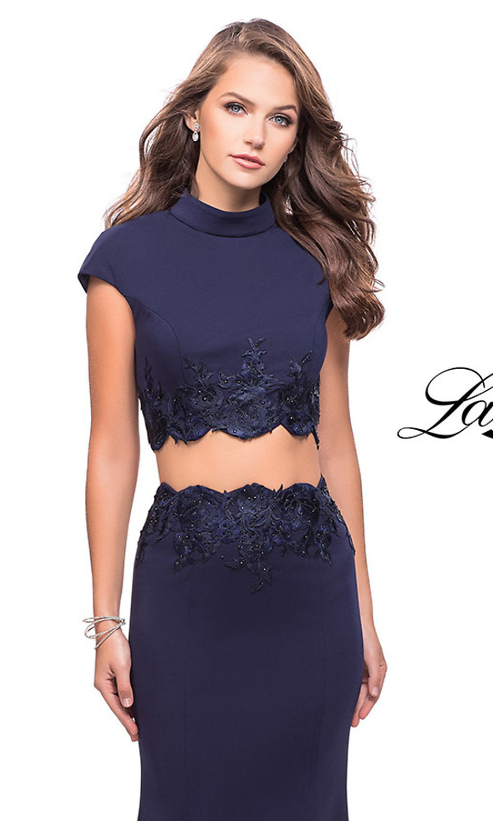  Mock-Neck Two-Piece Prom Dress with Cap Sleeves
