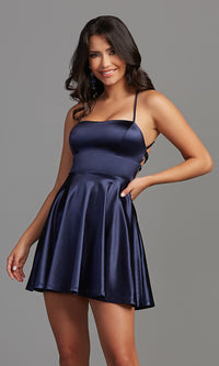 Navy Corset-Back Short Homecoming Dress with Pockets