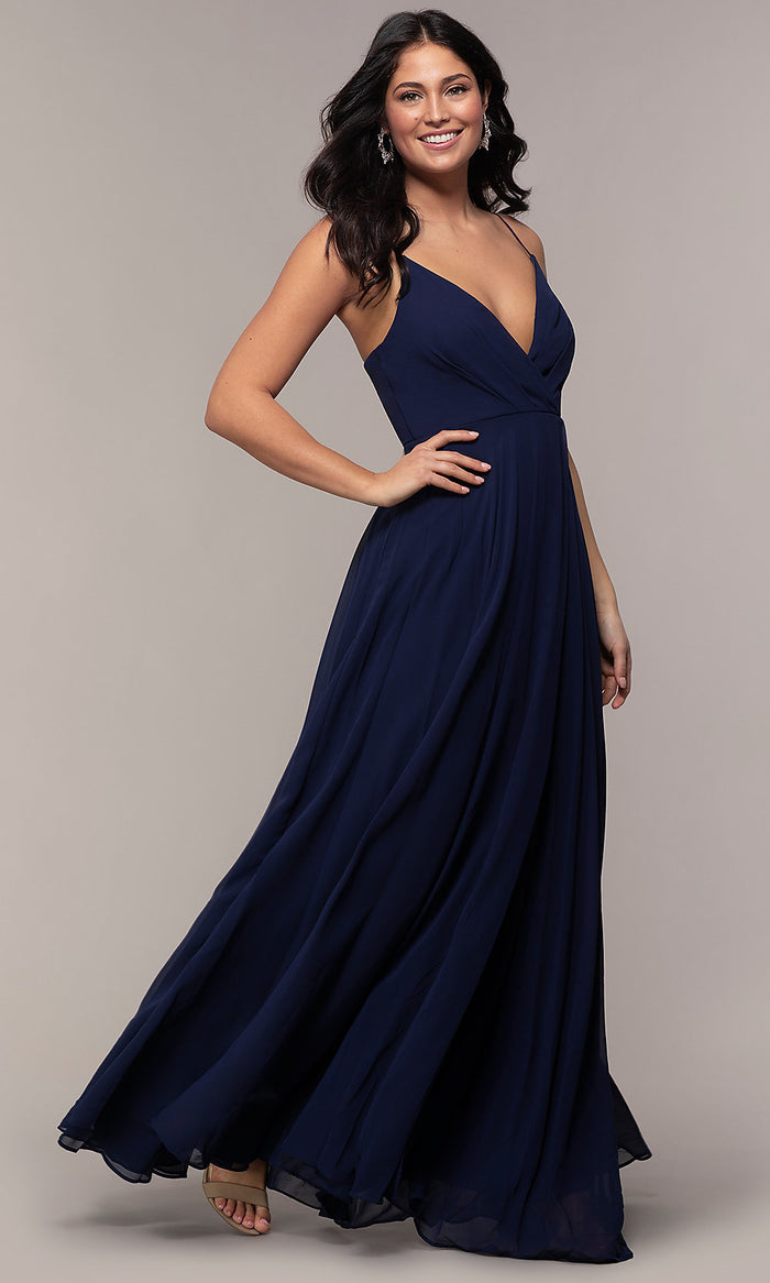 Navy Faux-Wrap Long Chiffon V-Neck Formal Dress