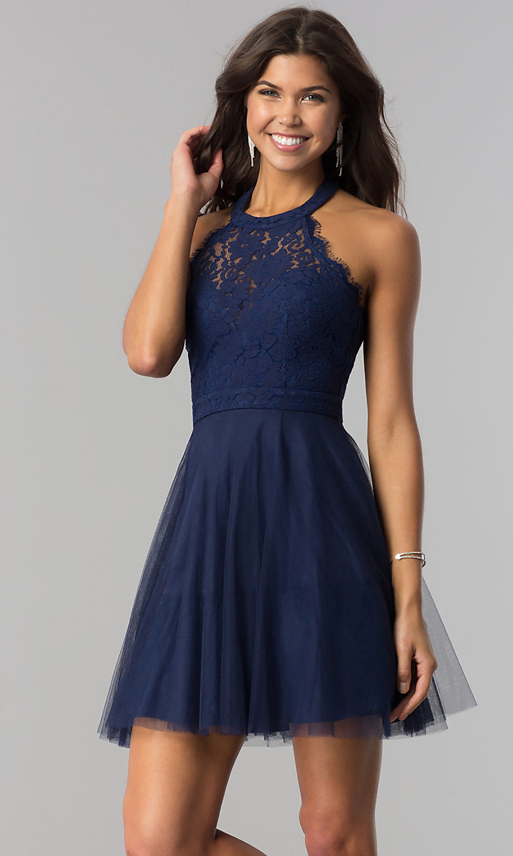 Navy Lace-Bodice Homecoming Short Halter Party Dress