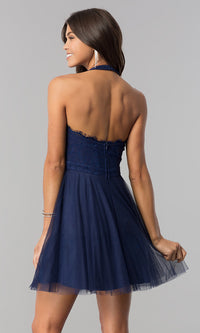  Lace-Bodice Homecoming Short Halter Party Dress