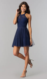  Lace-Bodice Homecoming Short Halter Party Dress