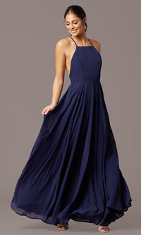 Navy Square-Neck Long Chiffon Prom Dress