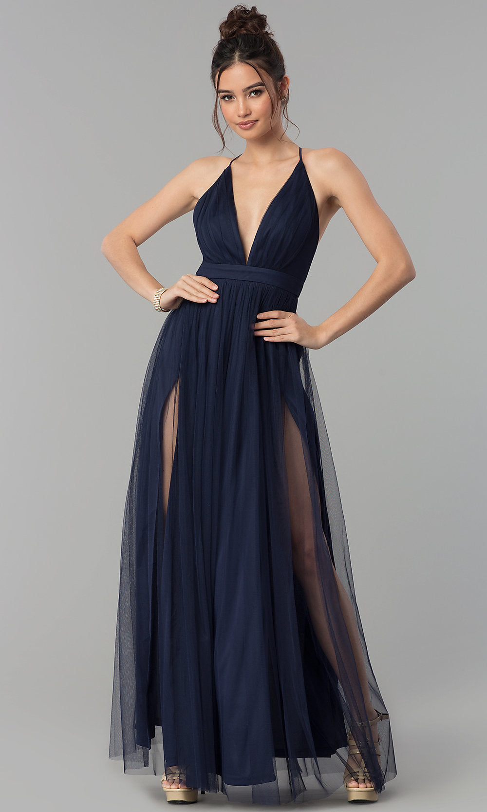 Navy Low-V-Neck Tulle Long Prom Dress with Double Slits