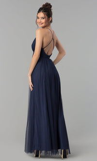  Low-V-Neck Tulle Long Prom Dress with Double Slits