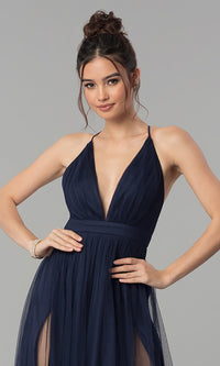  Low-V-Neck Tulle Long Prom Dress with Double Slits
