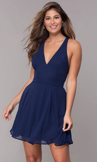 Navy Short Chiffon V-Neck Homecoming Dress with Sash