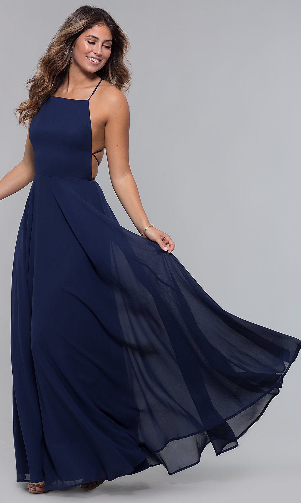 Navy Open-Back Square-Neck Long Chiffon Formal Dress