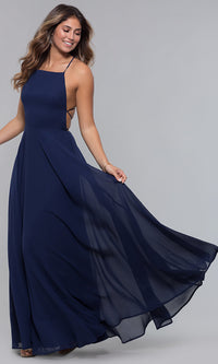 Navy Open-Back Square-Neck Long Chiffon Formal Dress