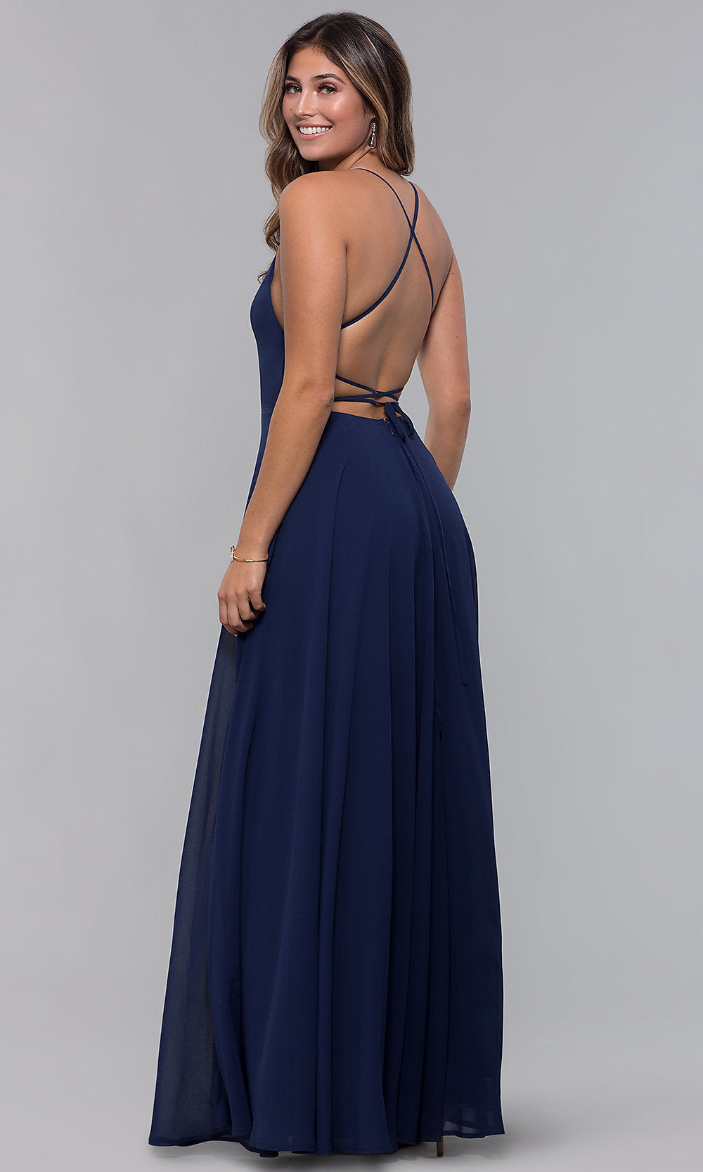  Open-Back Square-Neck Long Chiffon Formal Dress