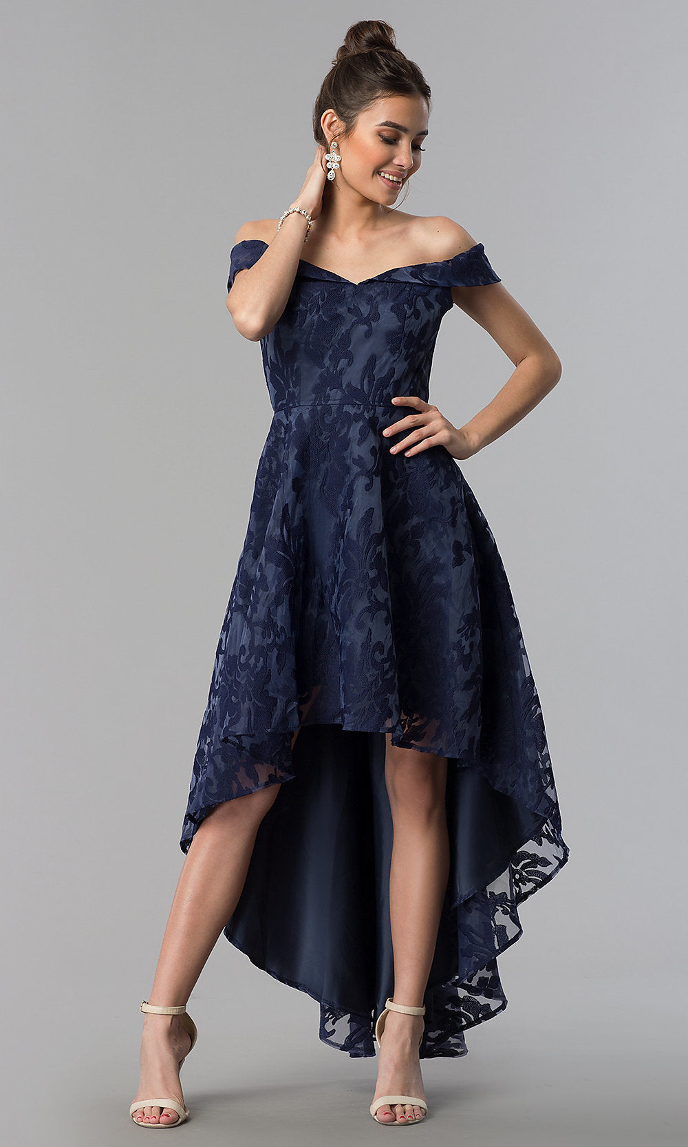 Navy High-Low Embroidered Off-the-Shoulder Prom Dress