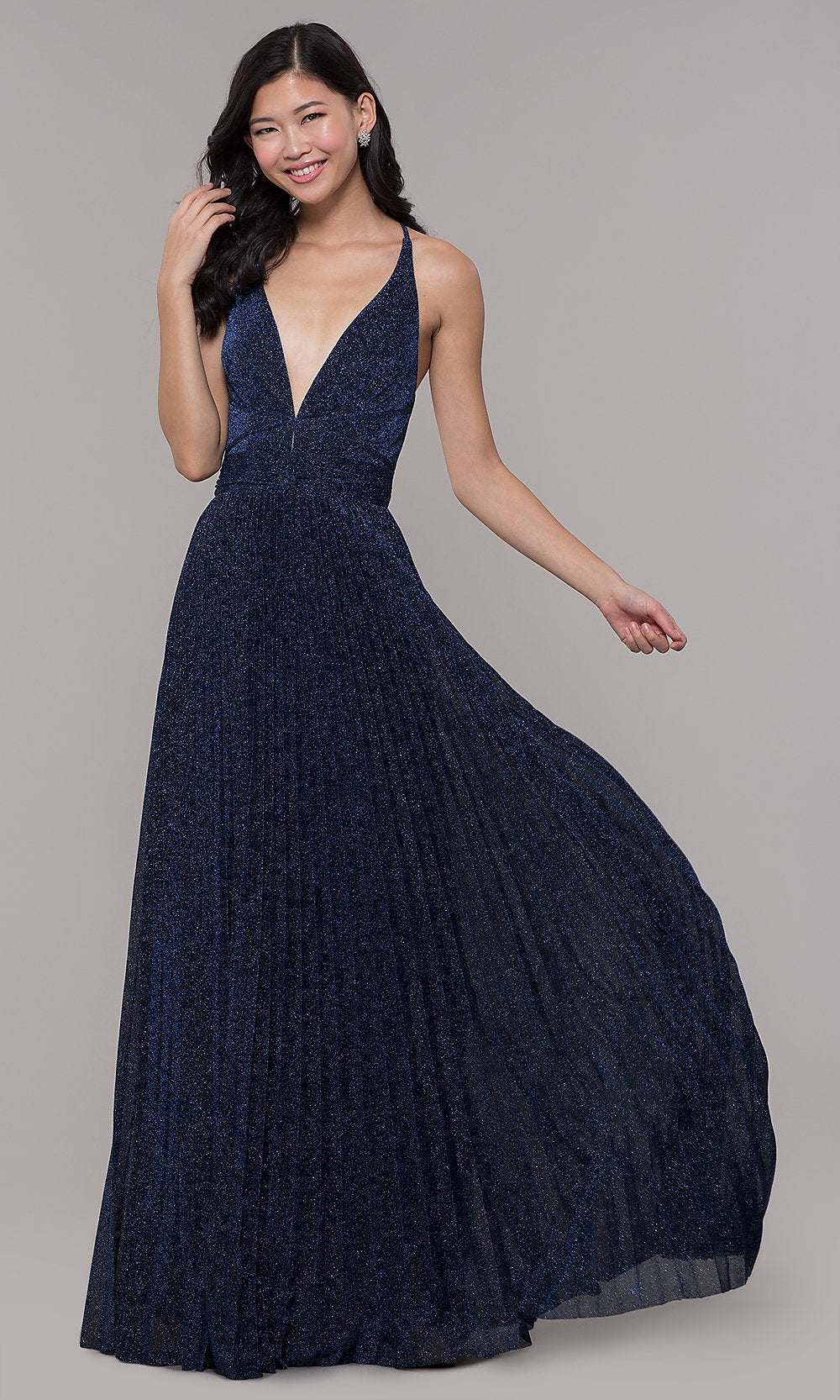 Navy Navy Blue Long Glitter Prom Dress with Pleated Skirt