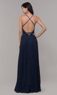  Navy Blue Long Glitter Prom Dress with Pleated Skirt