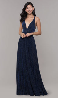  Navy Blue Long Glitter Prom Dress with Pleated Skirt