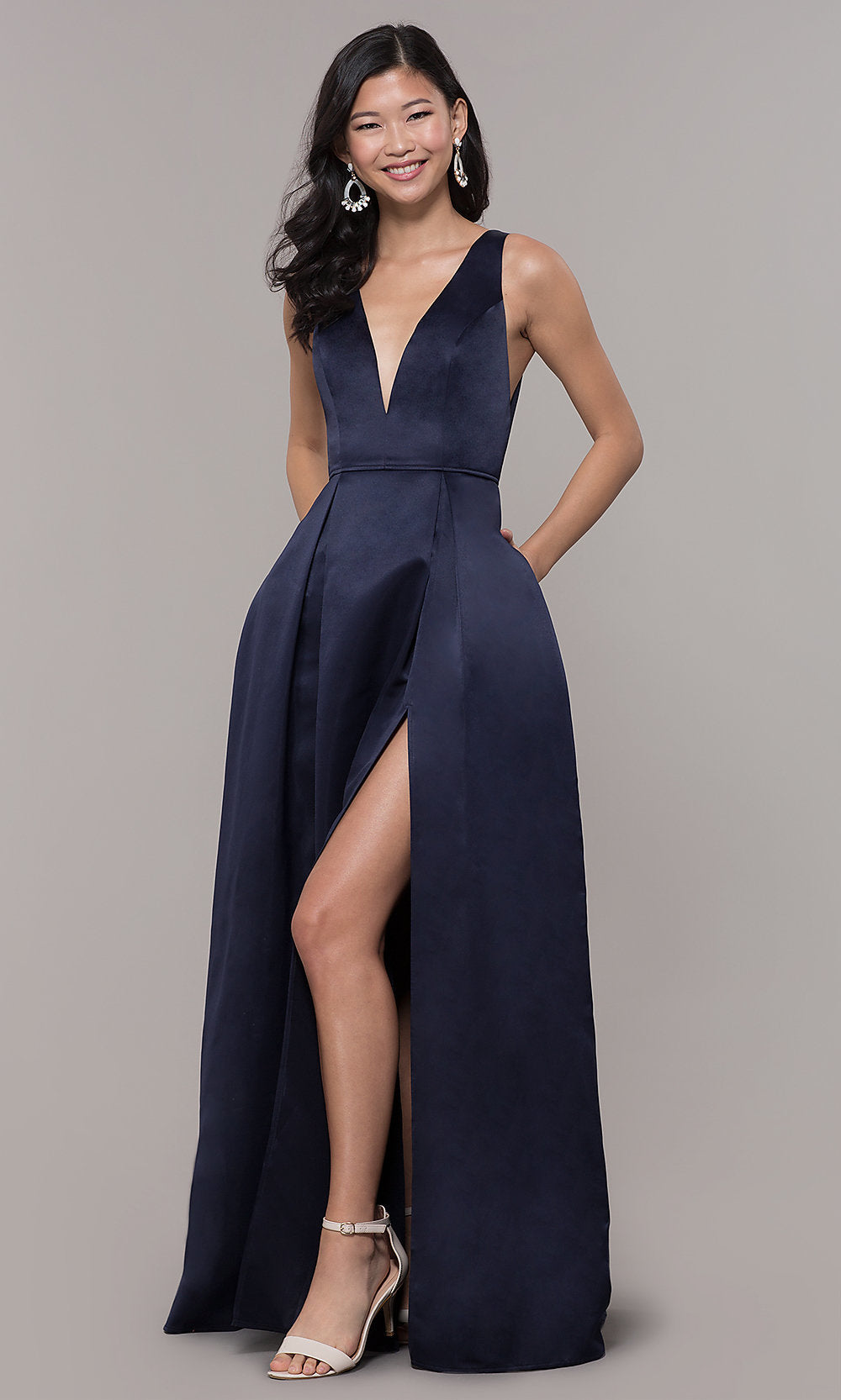  Navy Blue V-Neck Long Formal Satin Dress