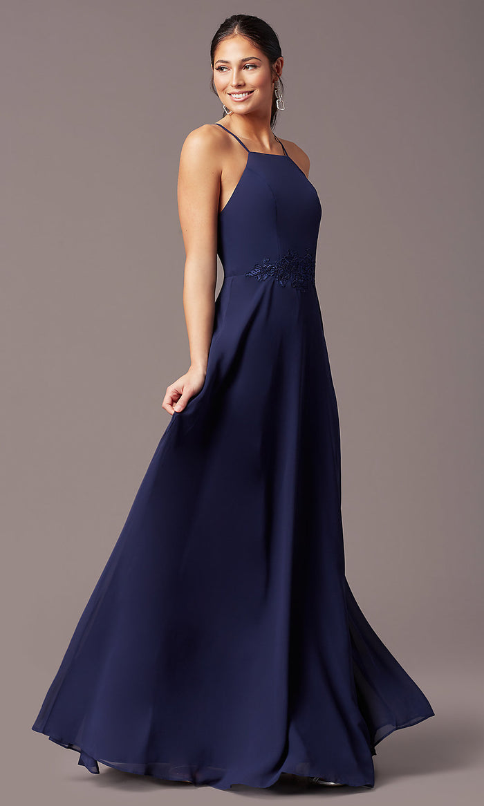Navy Long Embroidered-Waist High-Neck Prom Dress
