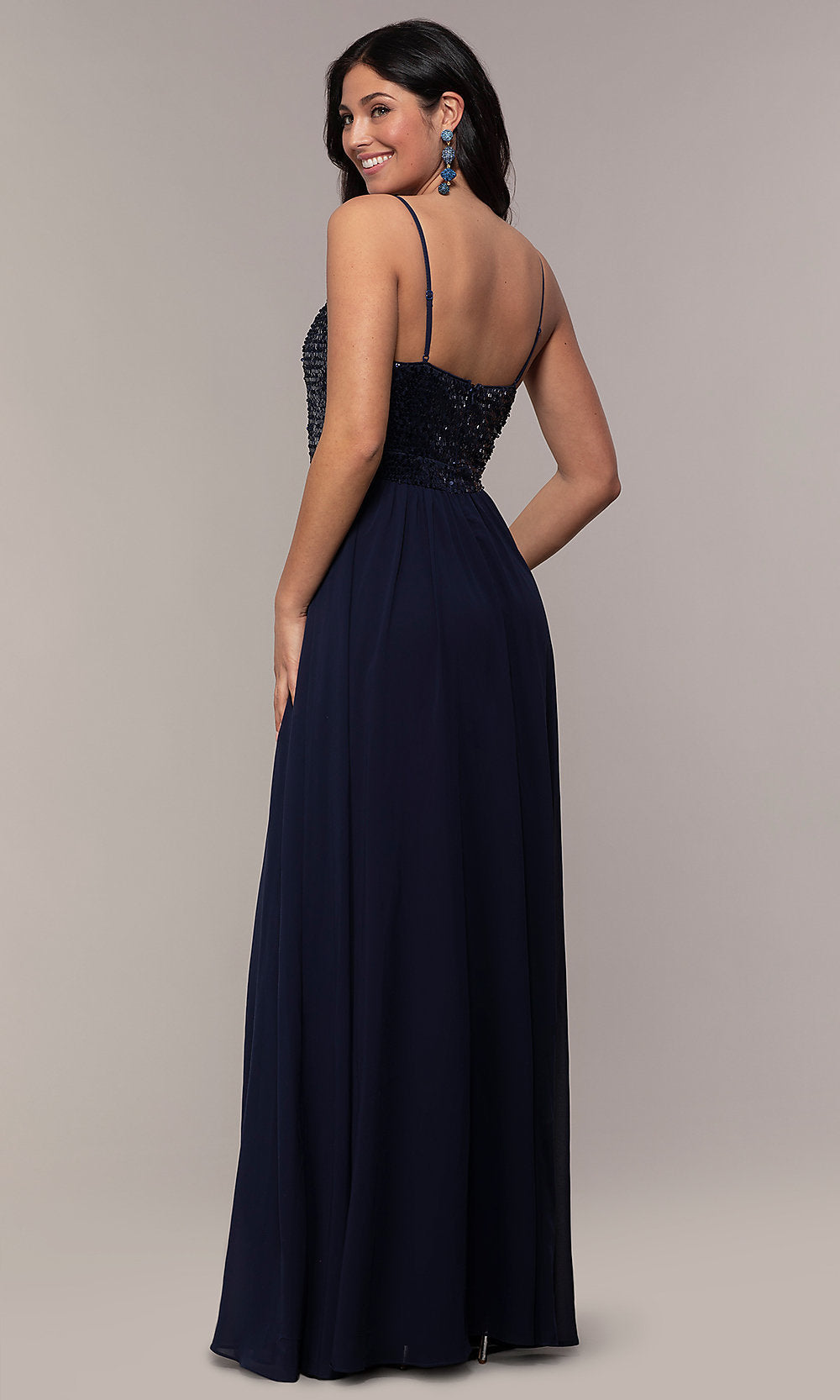  Long Chiffon Prom Dress with Sequin V-Neck Bodice