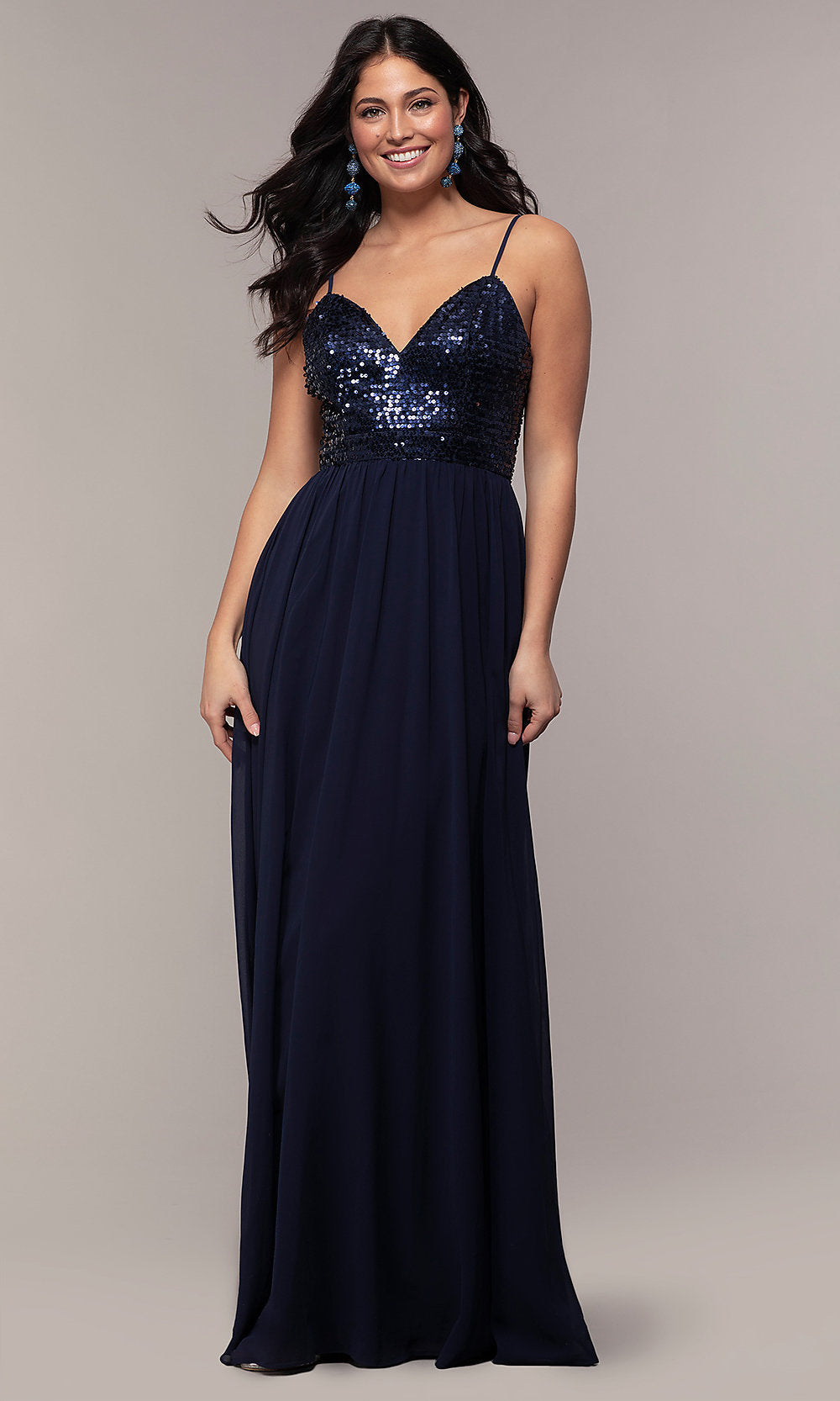 Navy Long Chiffon Prom Dress with Sequin V-Neck Bodice