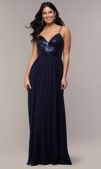 Navy Long Chiffon Prom Dress with Sequin V-Neck Bodice