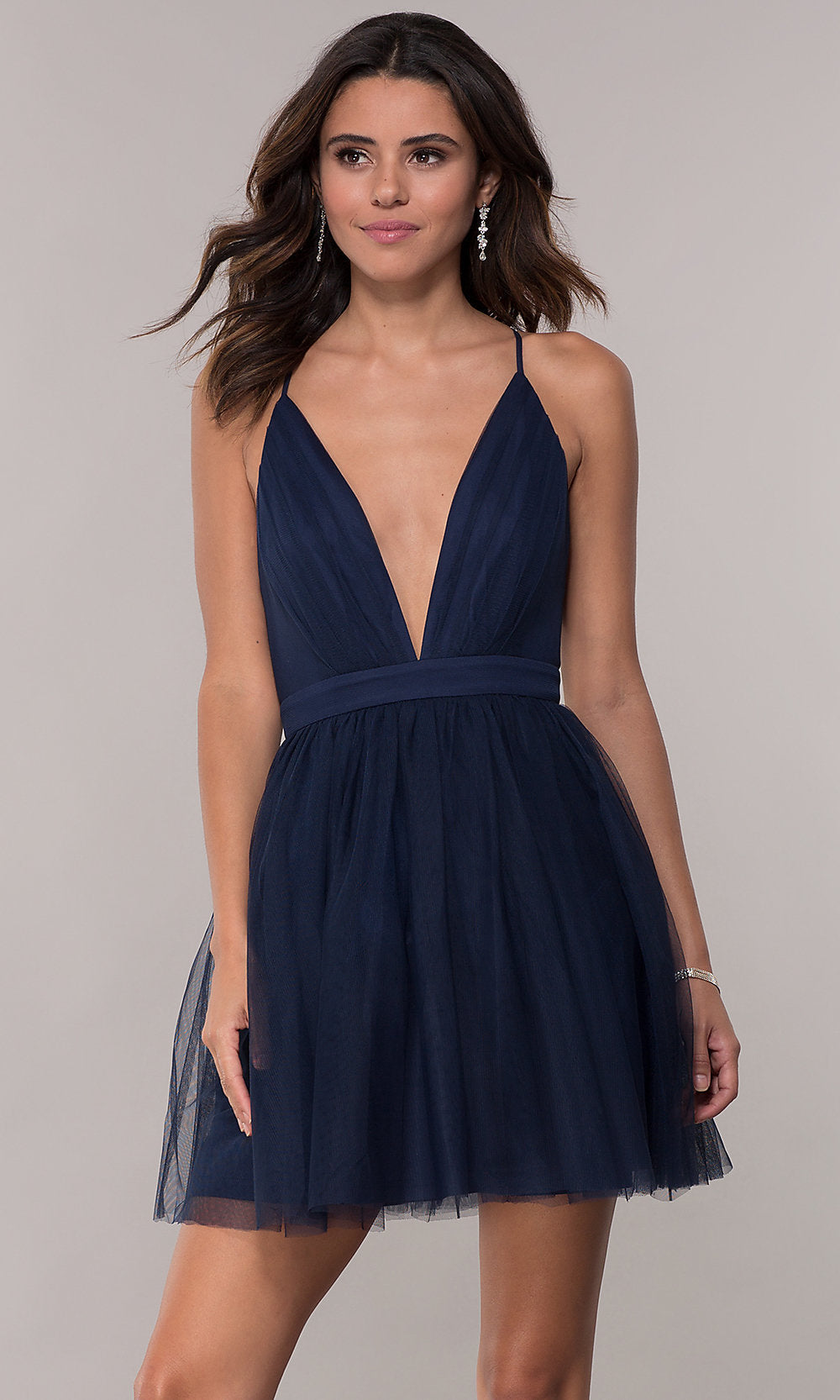 Navy Short Tulle Homecoming Dress with Deep V-Neckline
